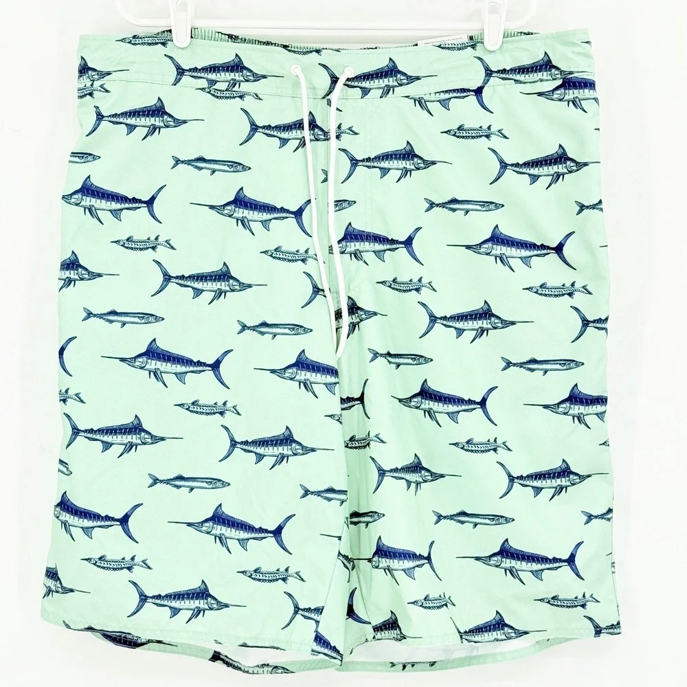 St Johns Bay Men Green Swim Trunks 2XLT Haze Fish Print 11